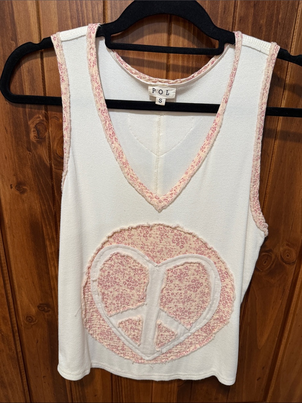POL White Tank Top with Pink Floral Peace Sign